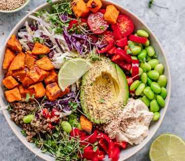 a delicious bowl of colourful healthy vegan food